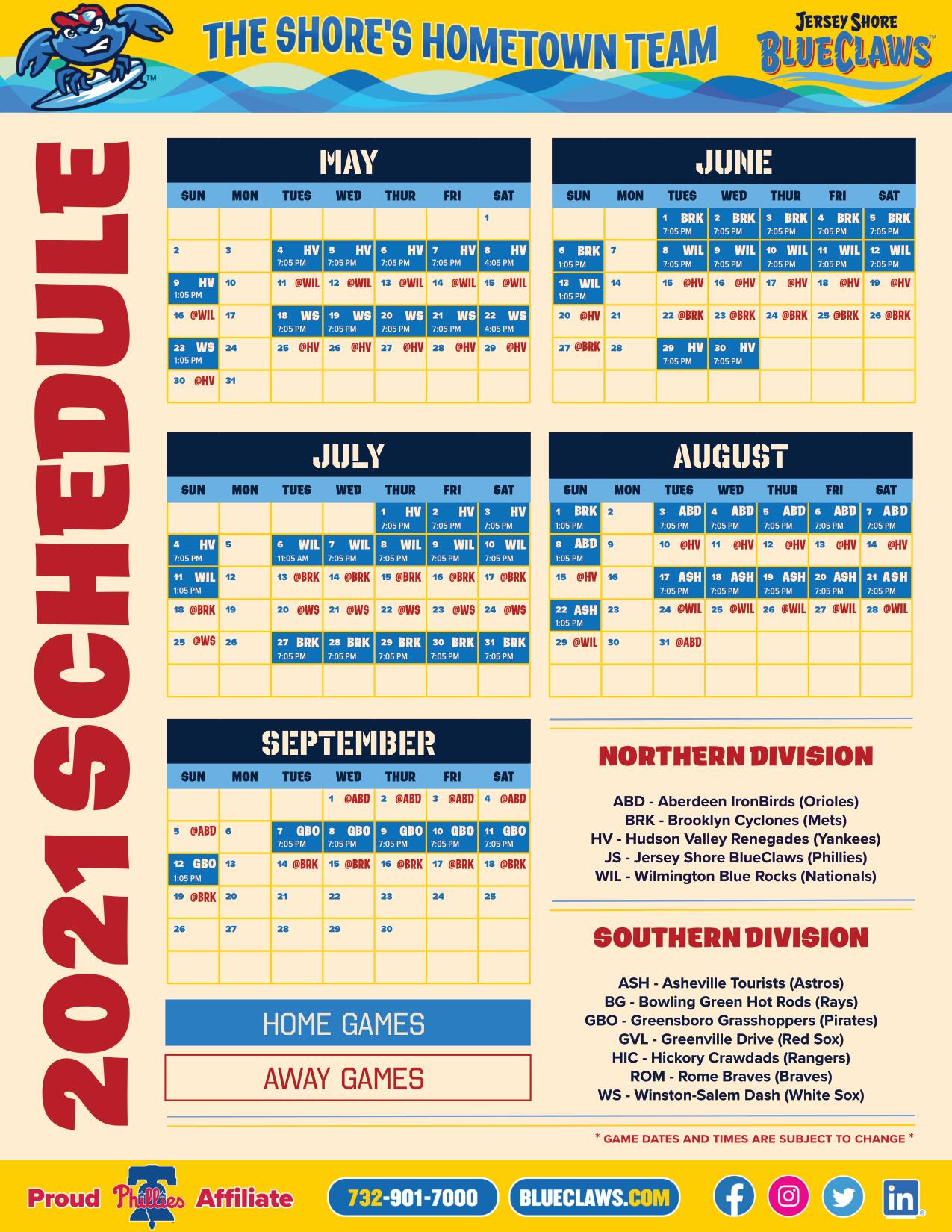 Jersey Shore BlueClaws Schedule