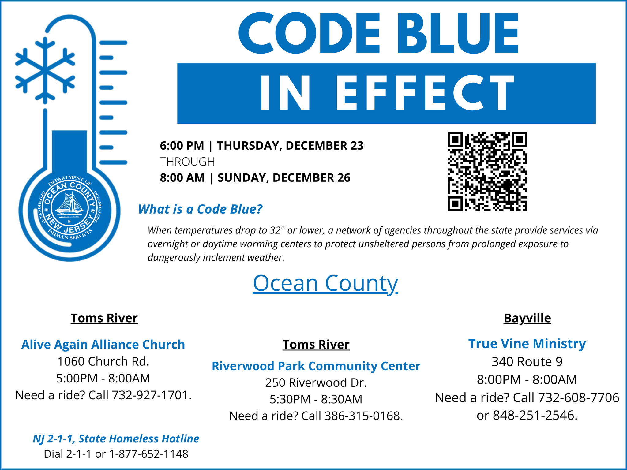 Code Blue Weather Alert Issued For Toms River TomsRiver