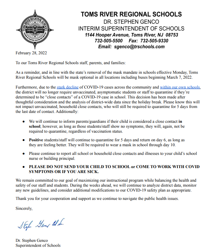Toms River Schools No Mask Mandate Update and Quarantining Procedure