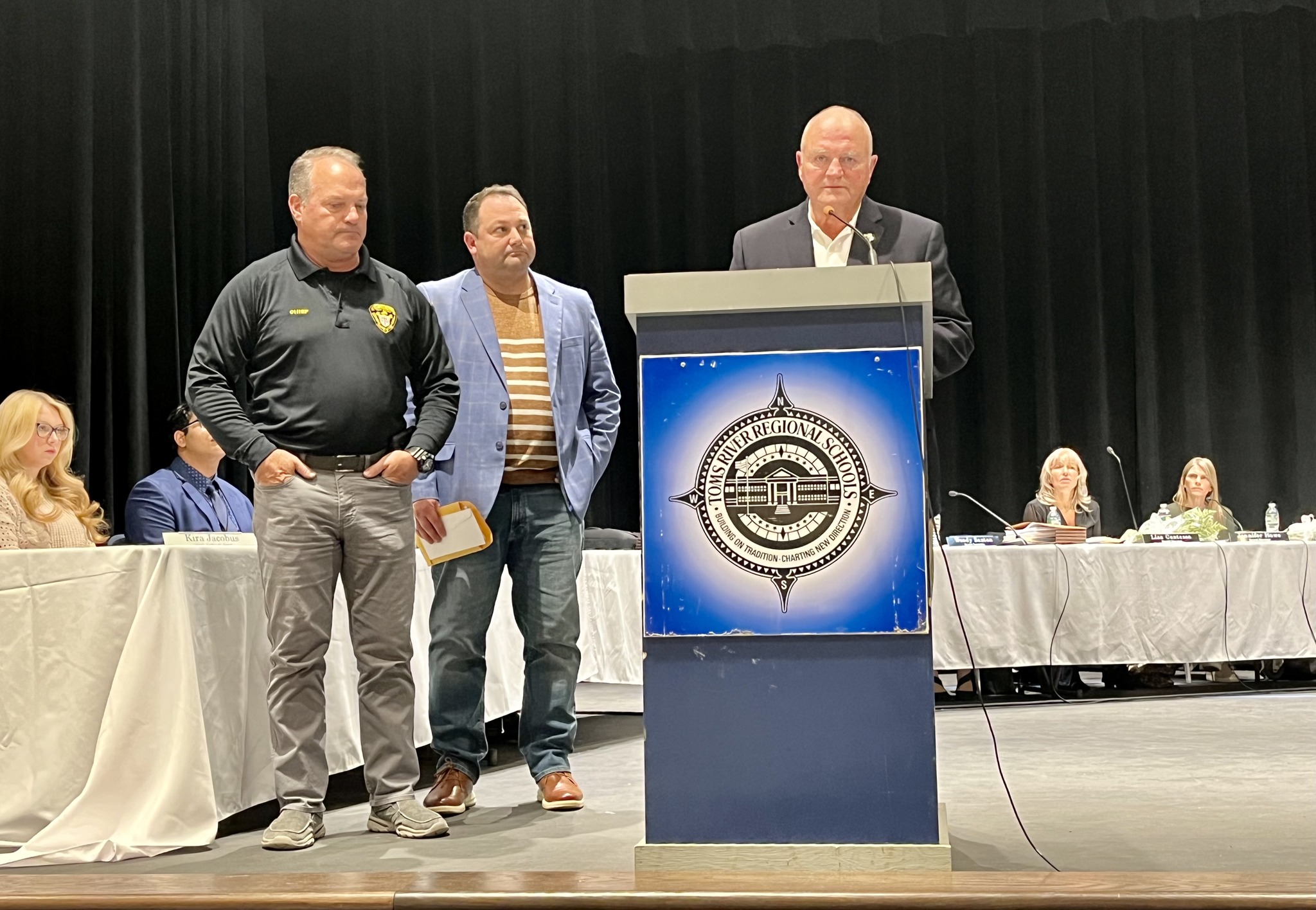 Mayor Mo Hill and Police Chief Mitch Little presented over $3400 raised by Township employees and officers to Superintendent Mike Citta during the Toms River Board of Education meeting on Wednesday for the family of Jena LeRiche,
