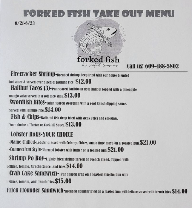 Forked Fish Take Out Menu. Seafood Treasures in Forked River, New Jersey