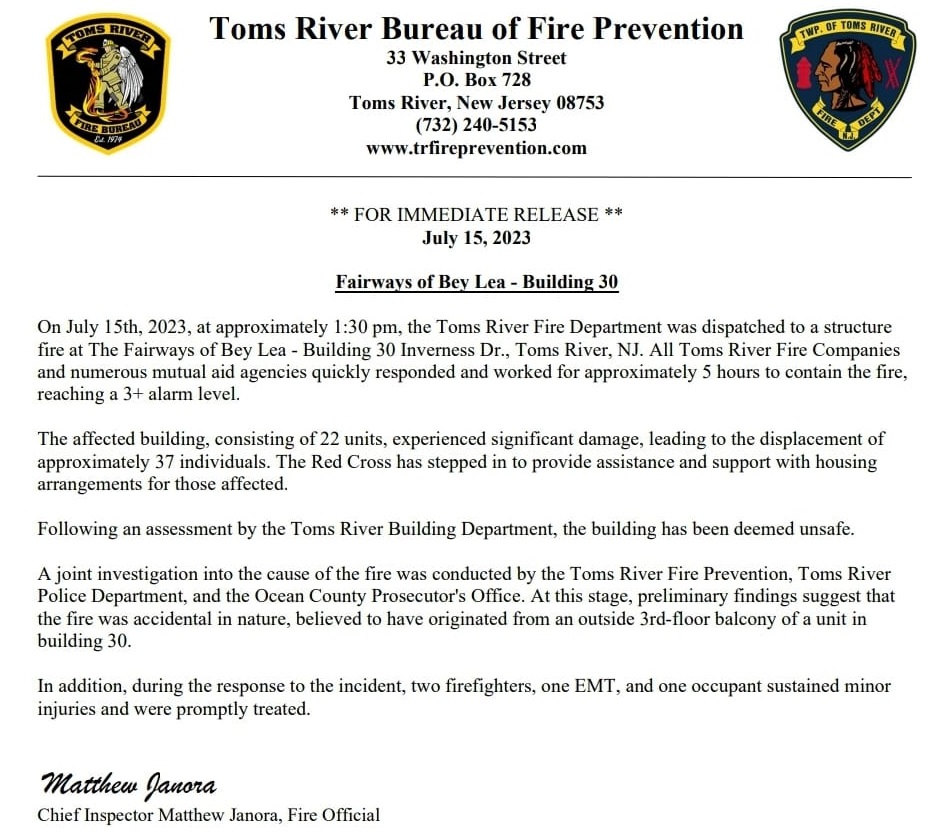 Toms River Bureau of Fire Prevention Press Release
