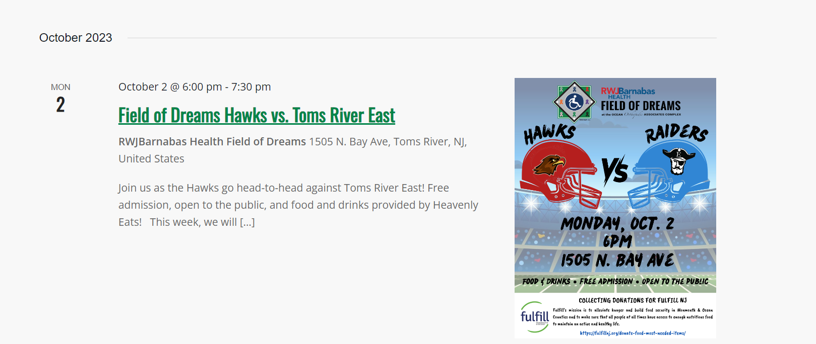 Field of Dreams Hawks vs. Toms River East