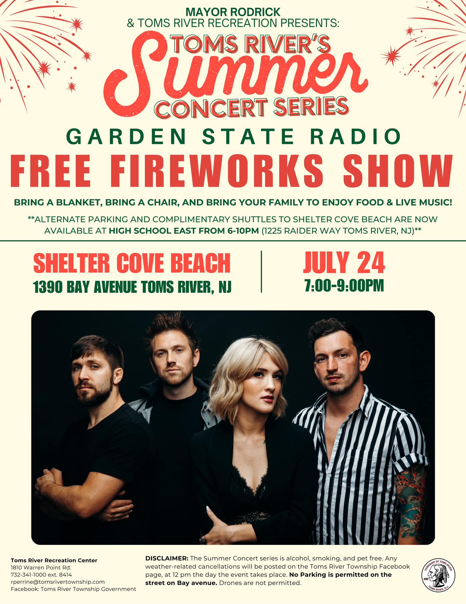 Toms River Summer Concert Series will feature a FREE FIREWORKS SHOW after each concert! WEDNESDAY 7/24 will feature GARDEN STATE RADIO at Shelter Cove Beach from 7-9 pm. Kona Ice Jersey Shore will also be in attendance! Complimentary Shuttle Busses will also be available from 6-10 pm at Toms River High School East!