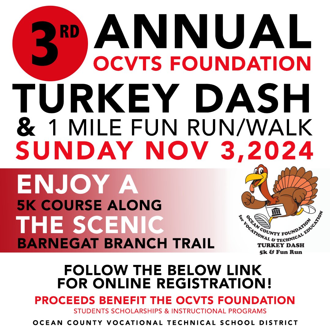 3rd Annual OCVTS Foundation 5K Turkey Dash & 1 Mile Fun Run/Walk at Barnegat Branch Trail