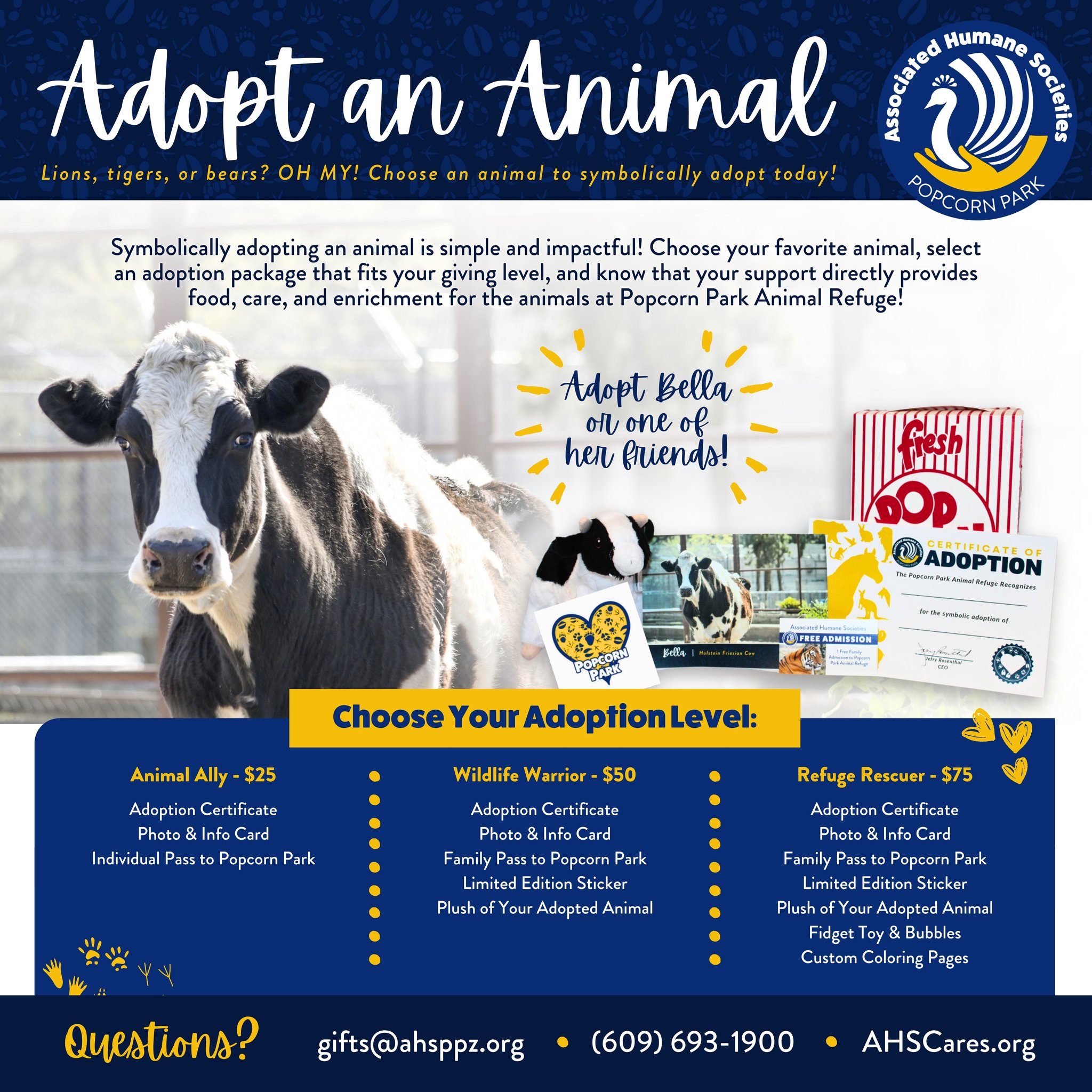 Symbolically adopting an animal is simple and impactful! Choose your favorite animal, select an adoption package that fits your giving level, and know that your support directly provides food, care, and enrichment for the animals at Popcorn Park Animal Refuge!