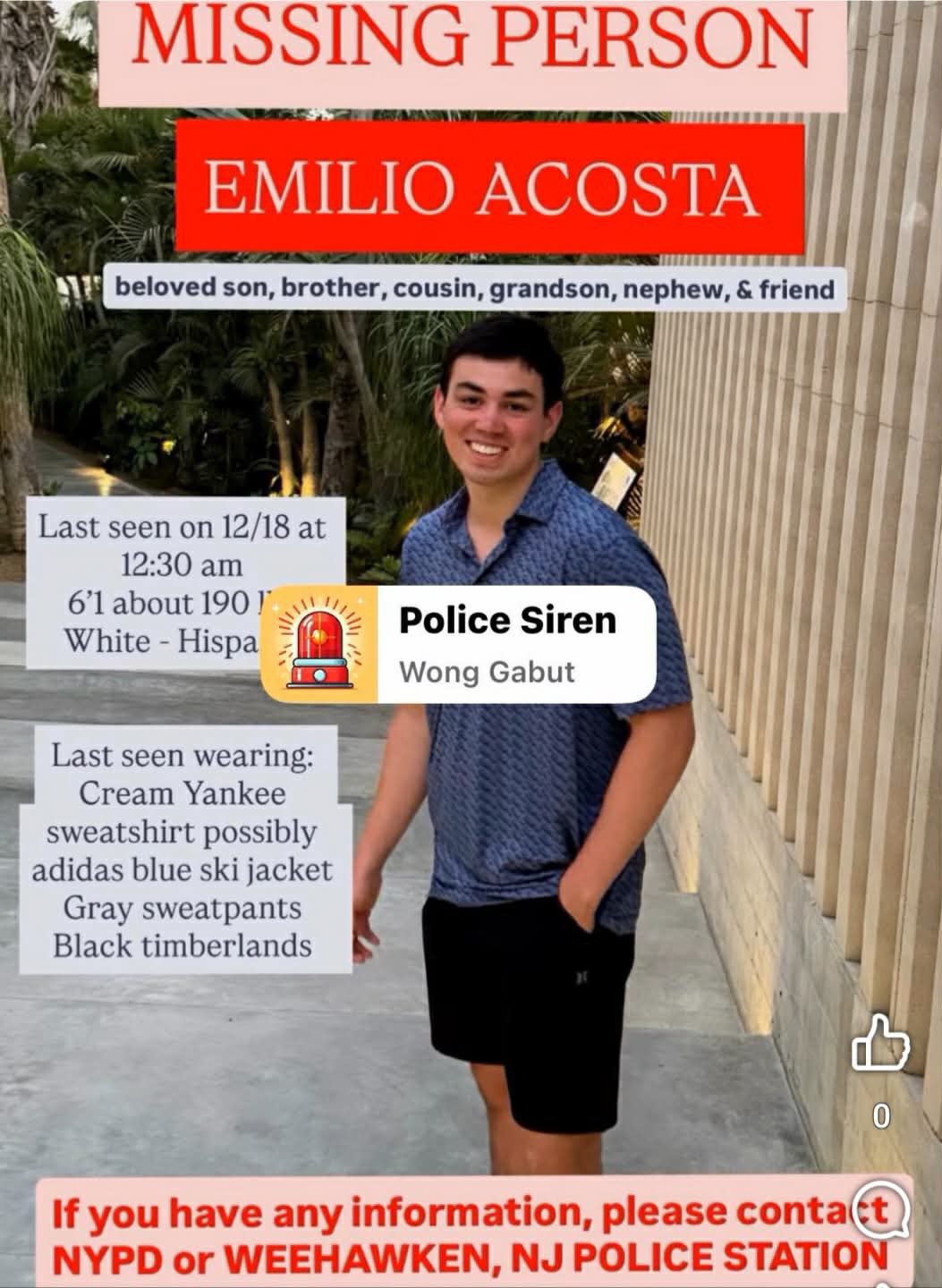 A family in Weehawken is asking for the public’s help as they continue searching for their son who has been missing for more than three weeks. Emilio Acosta was last seen leaving his family’s home just after midnight on Dec. 18. According to his father, Idelfonso Acosta, the family has not heard from him since.