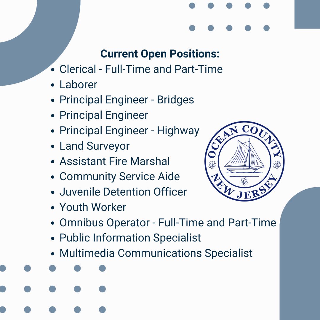 Ocean County Government is seeking dedicated professionals to join our team. Explore a variety of career paths and enjoy excellent benefits.