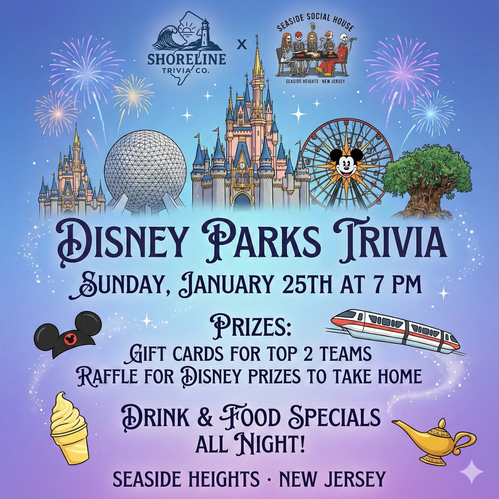 Disney Parks Trivia Night 🏰✨ Think you know Disney Parks inside and out? 🌟 Grab your friends for a magical night of trivia!