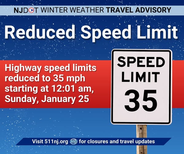 NJDOT News -- NJDOT issues emergency regulation lowering speed limit to 35 mph on Interstate and State highways beginning Sunday at 12:01 a.m.